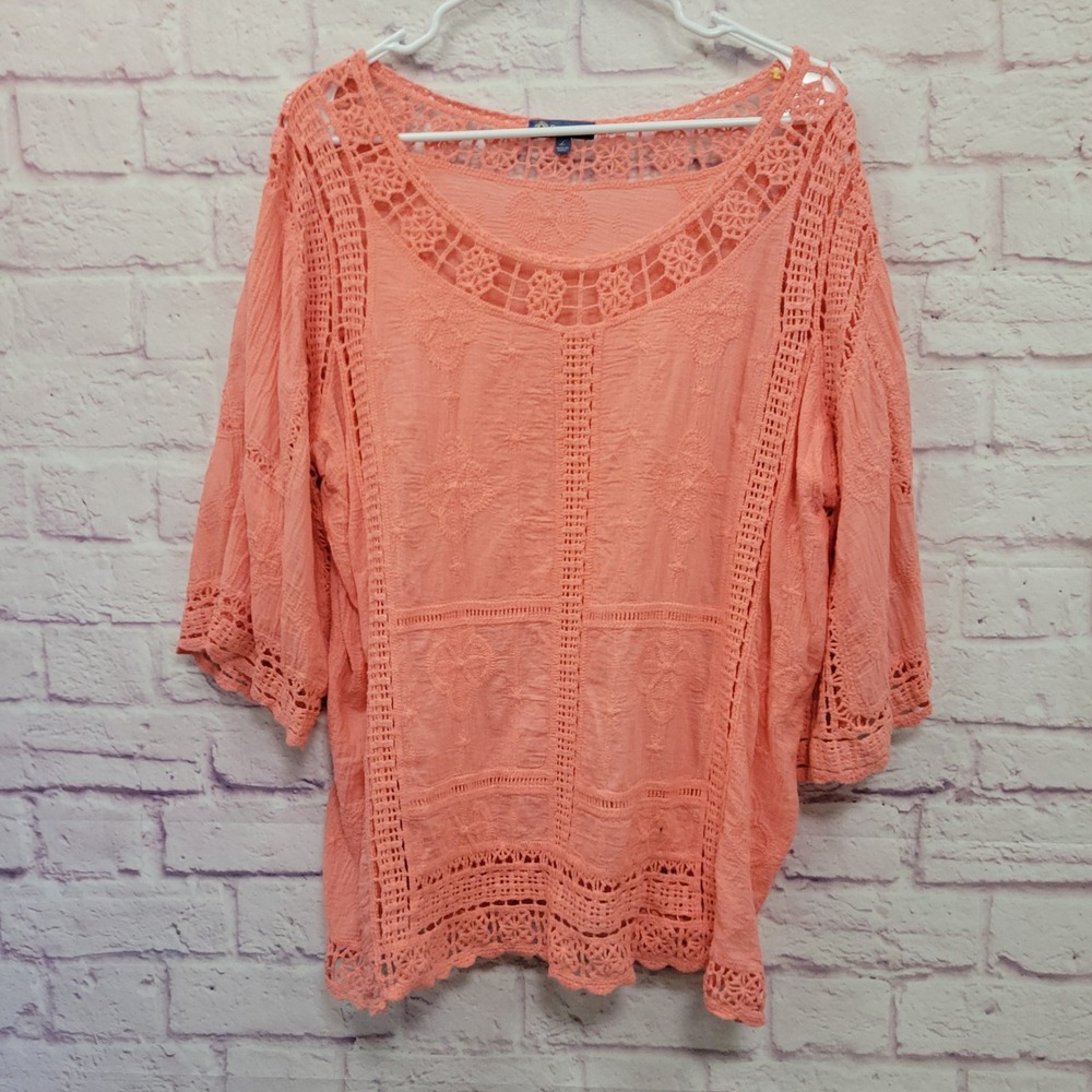 Democracy Crochet Lace Boho Peasant Blouse L 100% Cotton Hippie Cottagecore